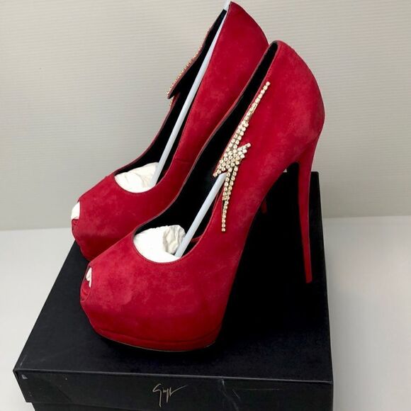 AUTHENTIC GIUSEPPE ZANOTTI PEEP TOE RED PLATFORMS NEW WITH TAGS 40.5 - Picture 1 of 9
